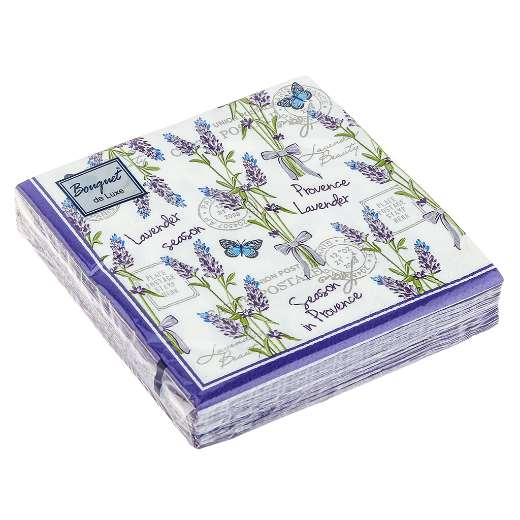 Салфетки бумажные "Bouquet de Luxe" 24х24см, 3-х слойные, 25 штук в упаковке, 100% целлюлоза, "Лаванда и бабочки" (Россия)