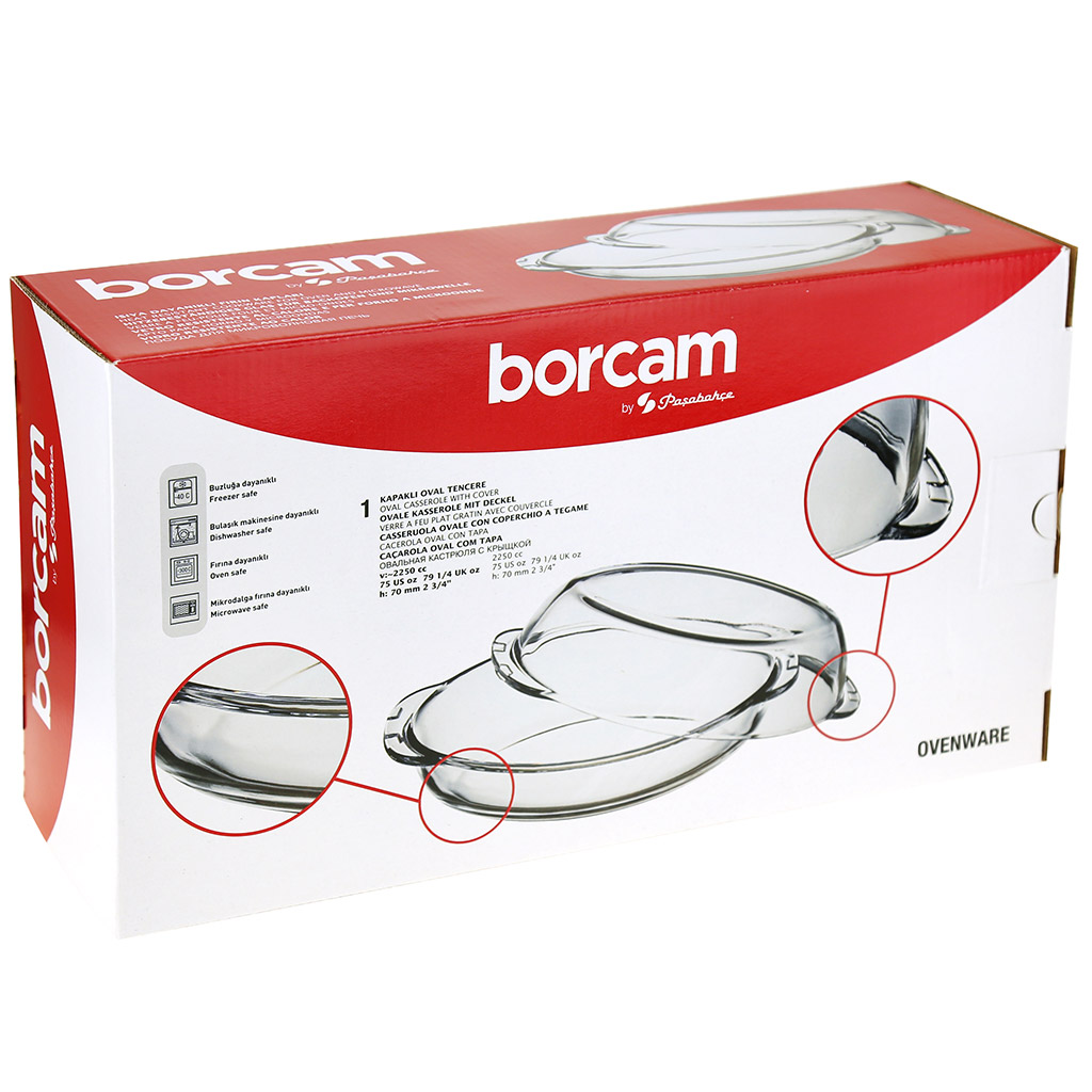 "Боркам (Borcam)" Утятница стеклянная жаропрочная 2л 19х33х6см, стеклянная крышка 2л - 19х33х5,5см, овальная, цветная коробка, Pasabahce (Турция)