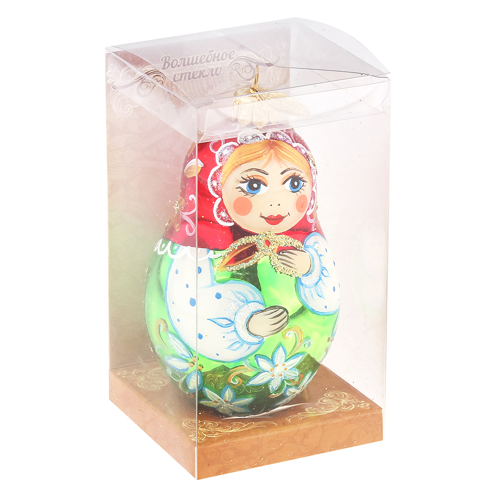 Елочная игрушка фигурка стеклянная "Расписная матрешка", h9,5см, ручная художественная роспись, подарочная упаковка (Россия)