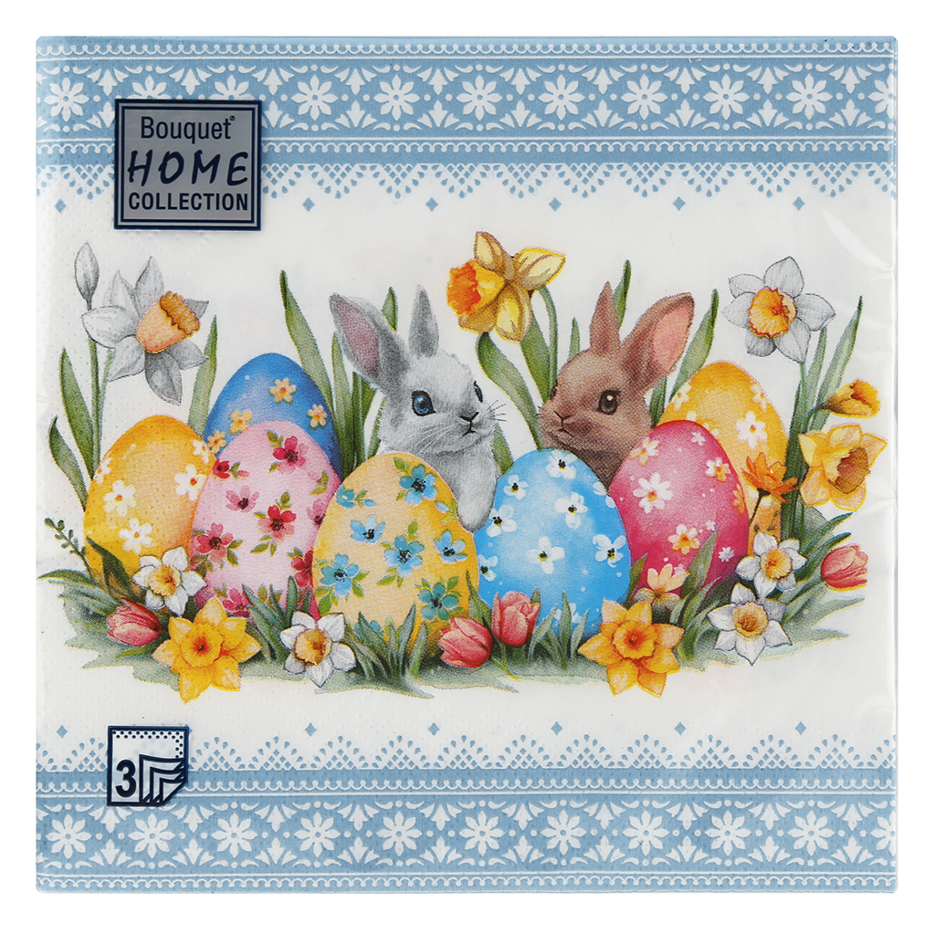 Салфетки бумажные "Bouquet Home Collection Classic" 33х33см, 3-х слойные, 20 штук в упаковке, 100% целлюлоза, "Кролики и пасхальные яйца" (Россия)