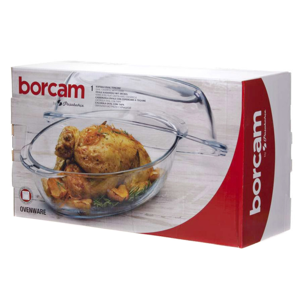 "Боркам (Borcam)" Утятница стеклянная жаропрочная 2,85л, стеклянная крышка 2,85л, овальная, цветная коробка, Pasabahce (Турция)