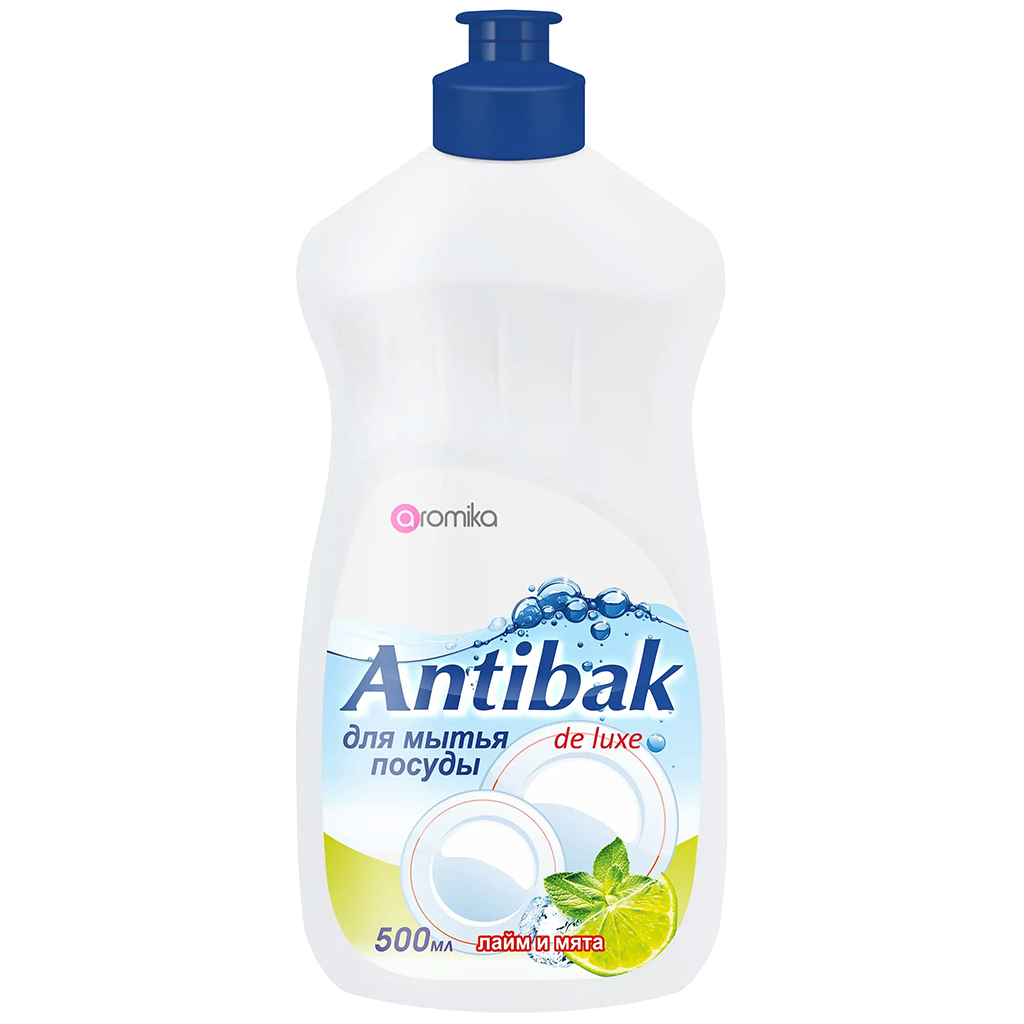Средство для мытья посуды "Antibak de Luxe" 0,5л, 9х5х20см, лайм и мята (Казахстан)