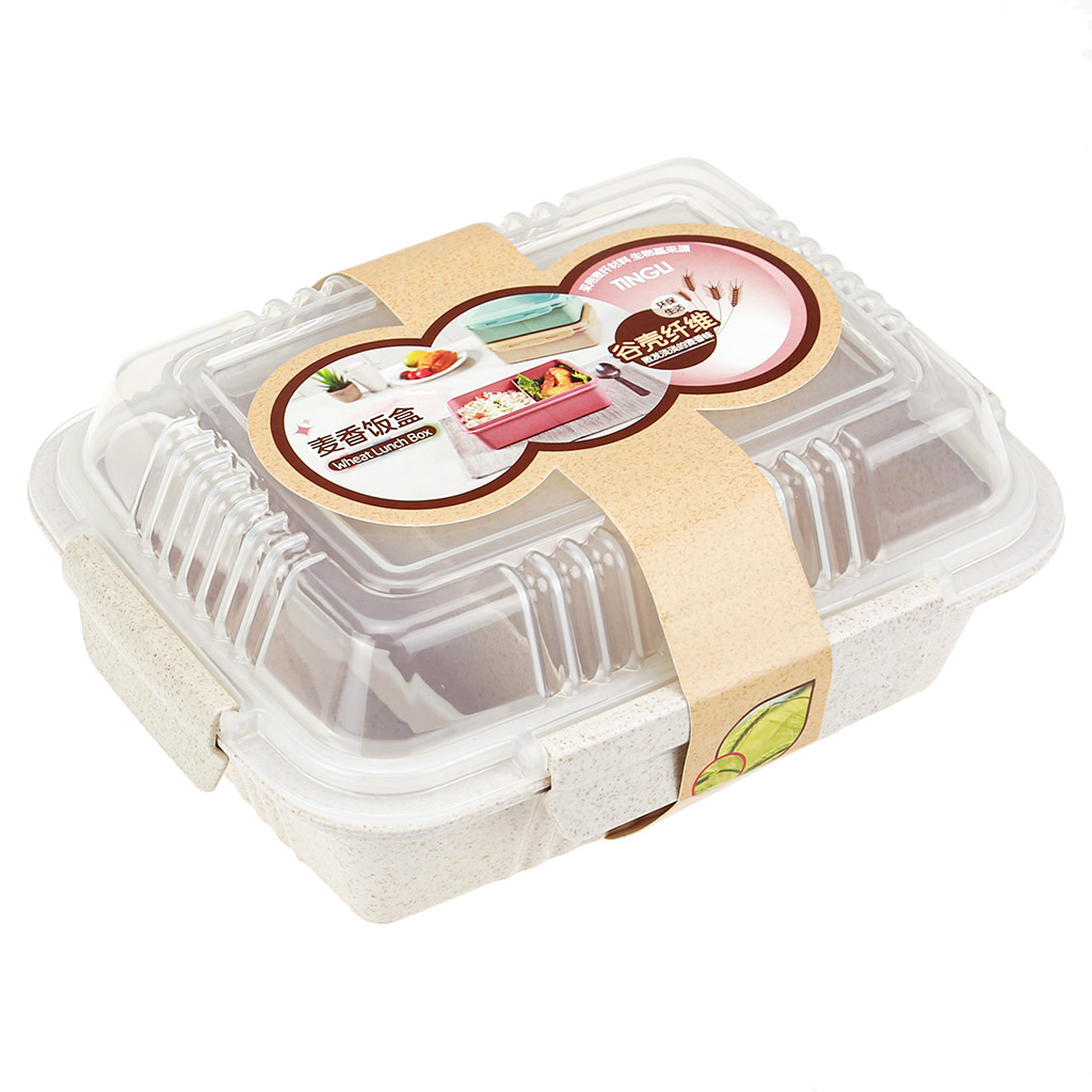 Ланч-бокс для продуктов пластмассовый "Эко дом" 20,5х15,5см h8,5см, 2 отделения 0,9л, с ложкой 13см, крышка прозрачная, с клипсами, с уплотнителем, цвета в ассортименте: бежевый, розовый, голубой (Китай) Пластик с добавлением пшеничных волокон.
