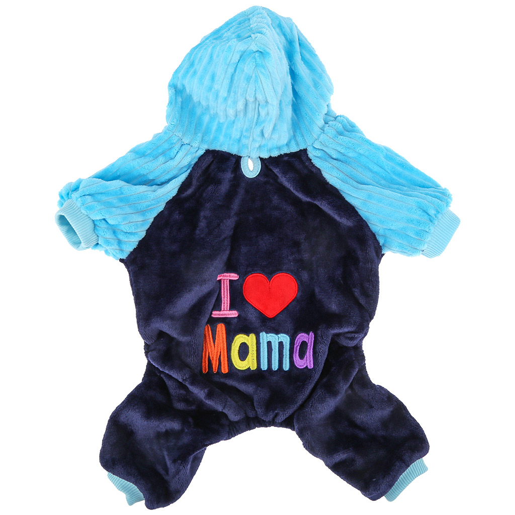 "Пэт тойс (Pet toys)" Одежда для собаки "Комбинезон" "I ♥ Mama/Papa" с капюшоном, с принтом, на кнопках, р-р 2XL 48-50см, длина спинки 38см/обхват груди 48см/обхват шеи 38см, цвет-синий с голубым, плюш (100% полиэстер) (Китай)
