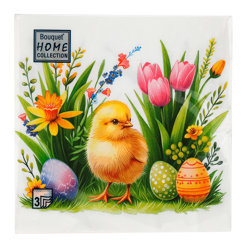 Салфетки бумажные "Bouquet Home Collection Classic" 33х33см, 3-х слойные, 20 штук в упаковке, 100% целлюлоза, "Веселый цыпленок" (Россия)
