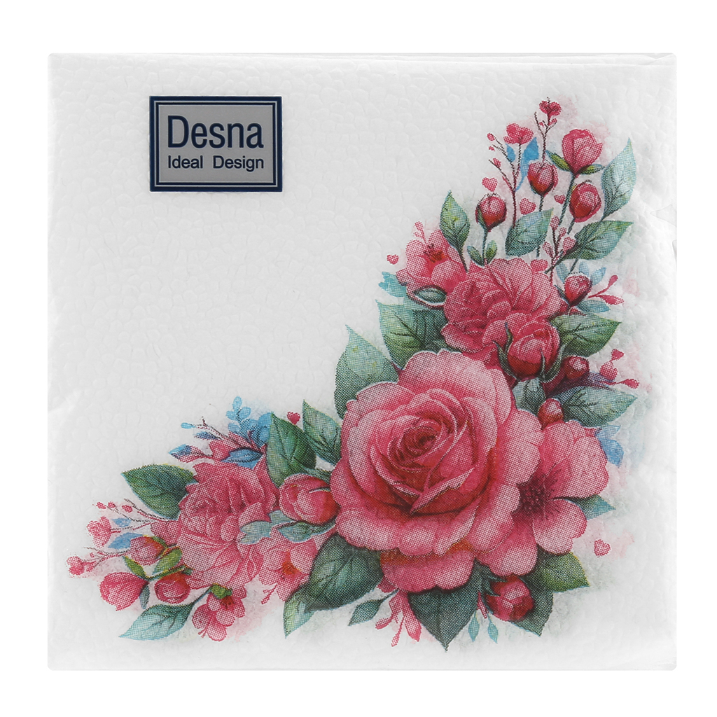 Салфетки бумажные "Desna Design" 24х24см, 1 слойные, 40 штук в упаковке, 100% целлюлоза, "Дикая роза" (Россия)