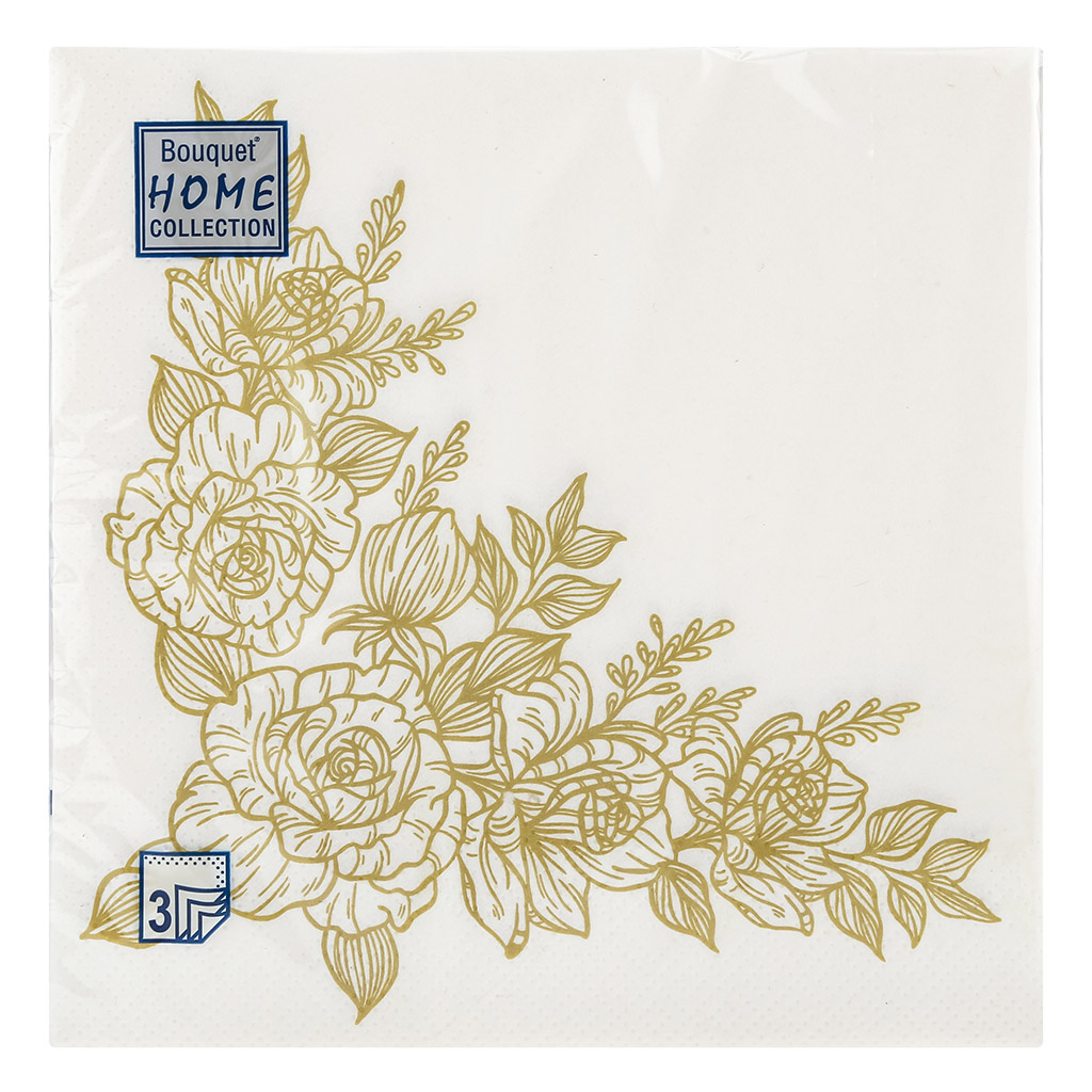 Салфетки бумажные "Bouquet Home Collection Classic" 33х33см, 3-х слойные, 20 штук в упаковке, 100% целлюлоза, "Золотые розы" (Россия)