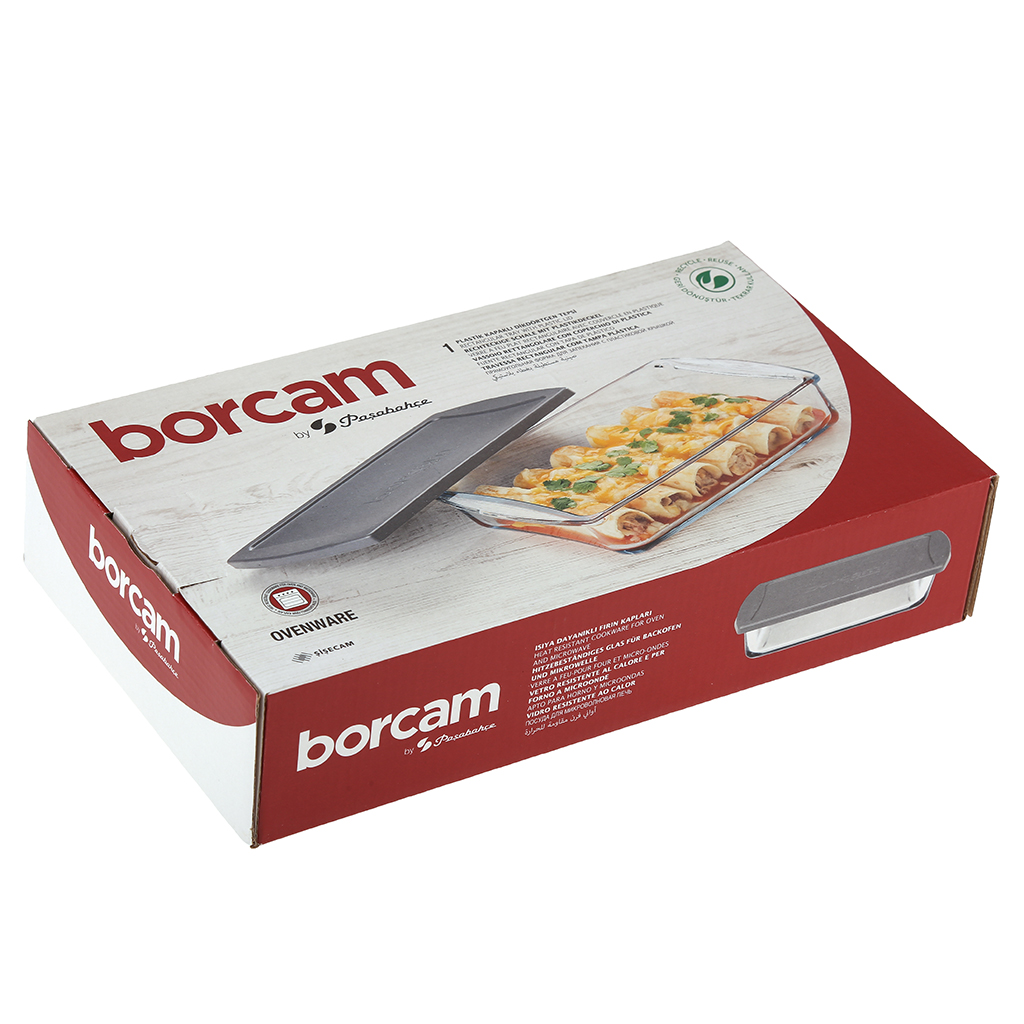 "Боркам (Borcam)" Форма стеклянная жаропрочная 1,32л, 26х15х6см, прямоугольная, серая пластмассовая крышкой, с ручками, цветная коробка, Pasabahce (Турция)