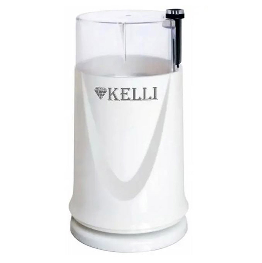 Кофемолка электрическая "Kelli", пластмассовый корпус, ножи из нержавеющей стали, рассчитана на 70г кофе за раз, отсек для хранения шнура, мощность 220-240 В 50-60 Гц 300 Вт, 11,8х10,5х19см, белый (Китай)