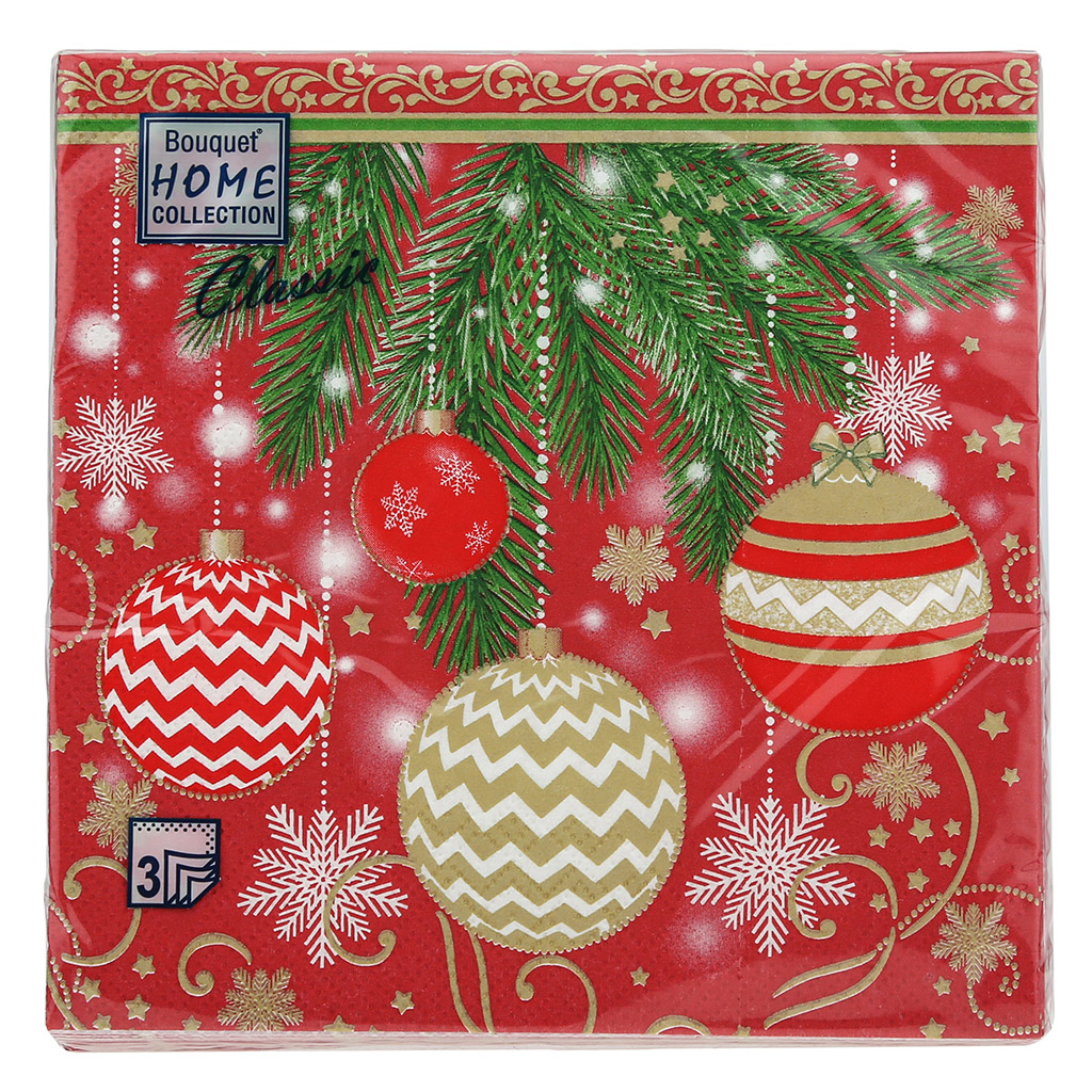 Салфетки бумажные "Bouquet Home Collection Classic" 33х33см, 3-х слойные, 20 штук в упаковке, 100% целлюлоза, "Елочные украшения" (Россия)