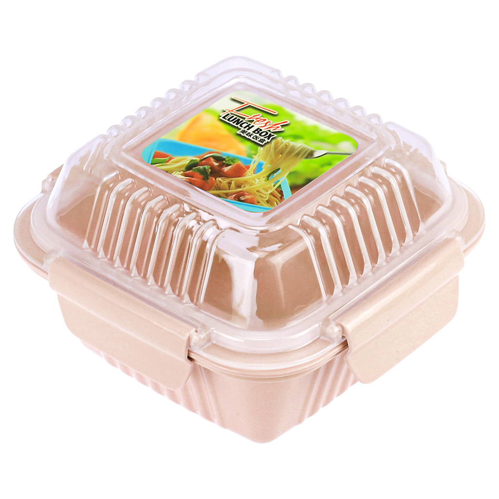 Ланч-бокс для продуктов пластмассовый "Фреш" 0,55л, 14х14см h8,5см, с ложкой 13см, крышка прозрачная, с клипсами, с уплотнителем, цвета в ассортименте: персиковый, голубой, зеленый (Китай)