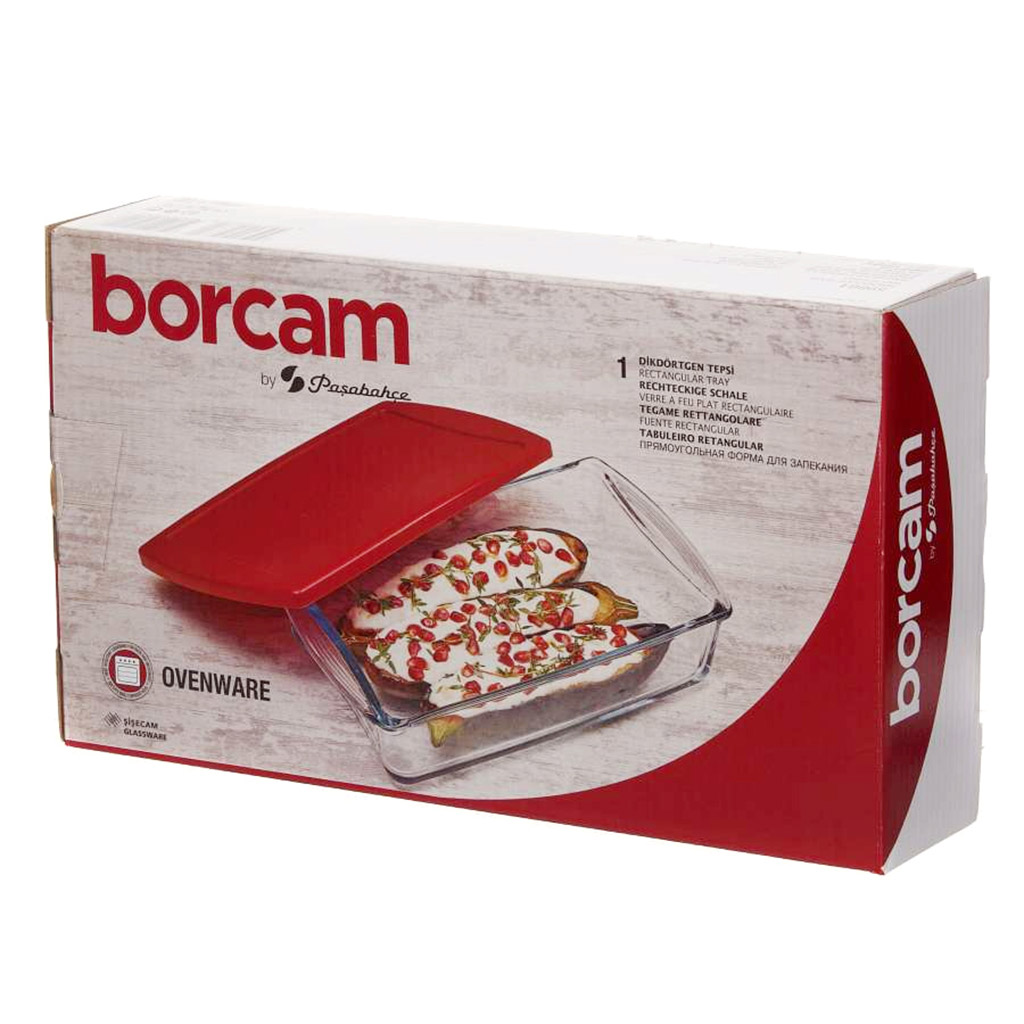 "Боркам (Borcam)" Форма стеклянная жаропрочная 1,32л, 26х15см, прямоугольная, с крышкой, с ручками, цветная коробка, Pasabahce (Турция)