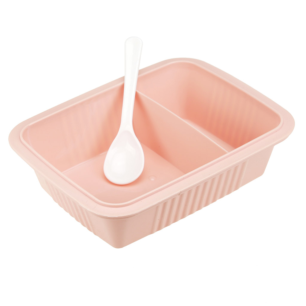 Ланч-бокс для продуктов пластмассовый "Фреш" 20,5х15,5см h8,5см, 2 отделения 0,9л, с ложкой 13см, крышка прозрачная, с клипсами, с уплотнителем, цвета в ассортименте: персиковый, зеленый, голубой (Китай)