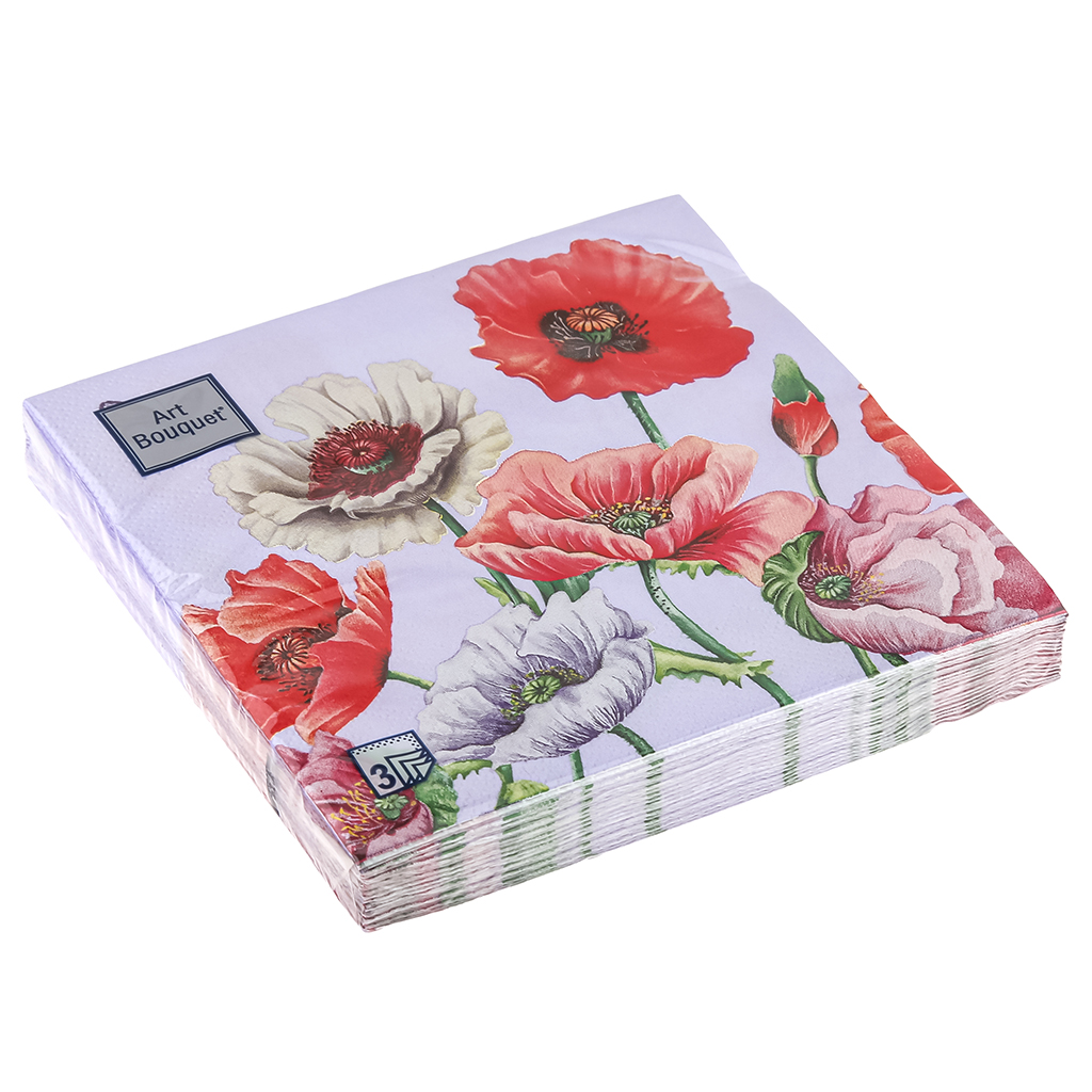 Салфетки бумажные "Art Bouquet" 33х33см, 3-х слойные, 20 штук в упаковке, 100% целлюлоза, "Поле маков" (Россия)