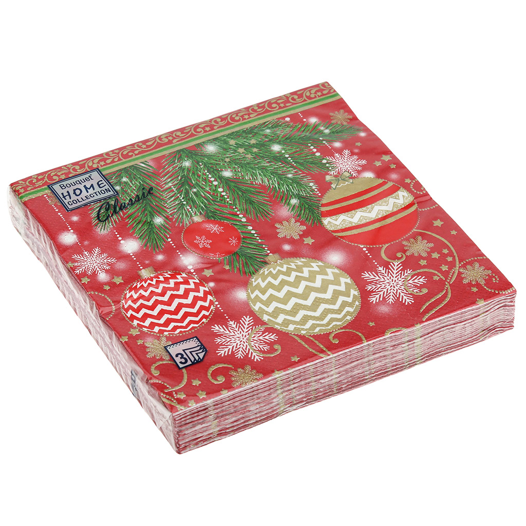 Салфетки бумажные "Bouquet Home Collection Classic" 33х33см, 3-х слойные, 20 штук в упаковке, 100% целлюлоза, "Елочные украшения" (Россия)