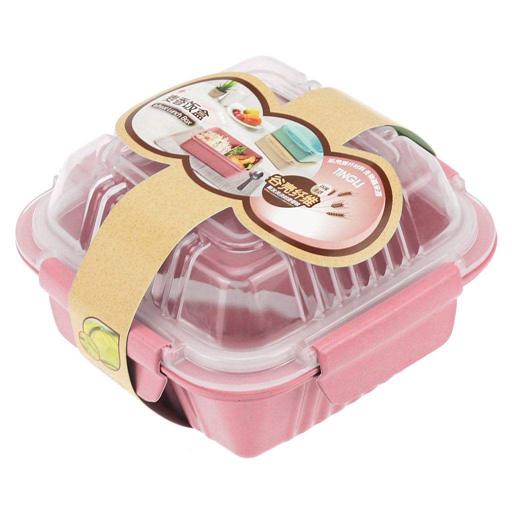 Ланч-бокс для продуктов пластмассовый "Эко дом" 0,55л, 14х14см h8,5см, с ложкой 13см, крышка прозрачная, с клипсами, с уплотнителем, цвета в ассортименте: бежевый, розовый, голубой (Китай) Пластик с добавлением пшеничных волокон.