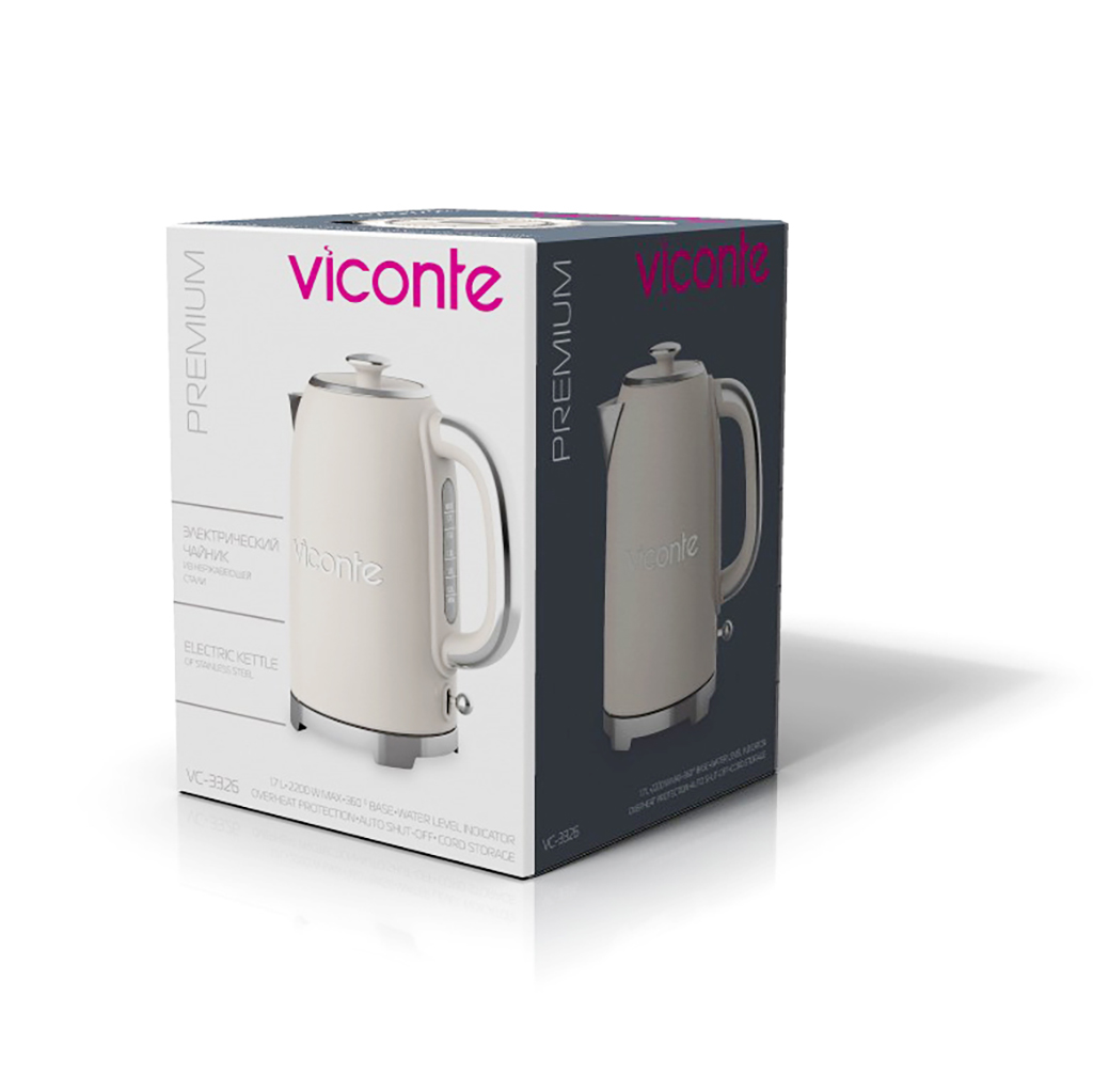 Чайник электрический "Viconte" 1,7л, 2200Вт, закрытый нагревательный элемент, корпус из высококачественной нержавеющей стали, шкала уровня воды, автоматическое отключение при закипании, защита от перегрева (Китай)