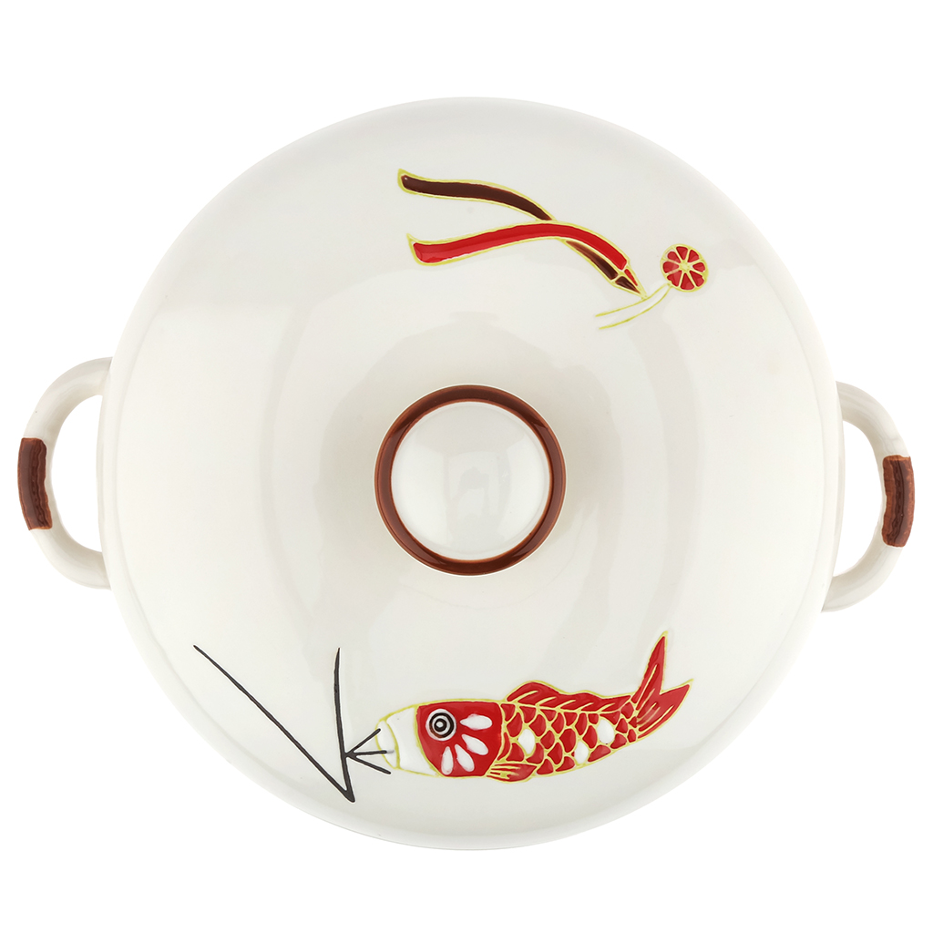 Супница фарфоровая "Улов" 2,1л, д18,5см, h11,5см, общая h16см, с крышкой, 2 ручки, с деколью, молочный, в коробке (Китай)