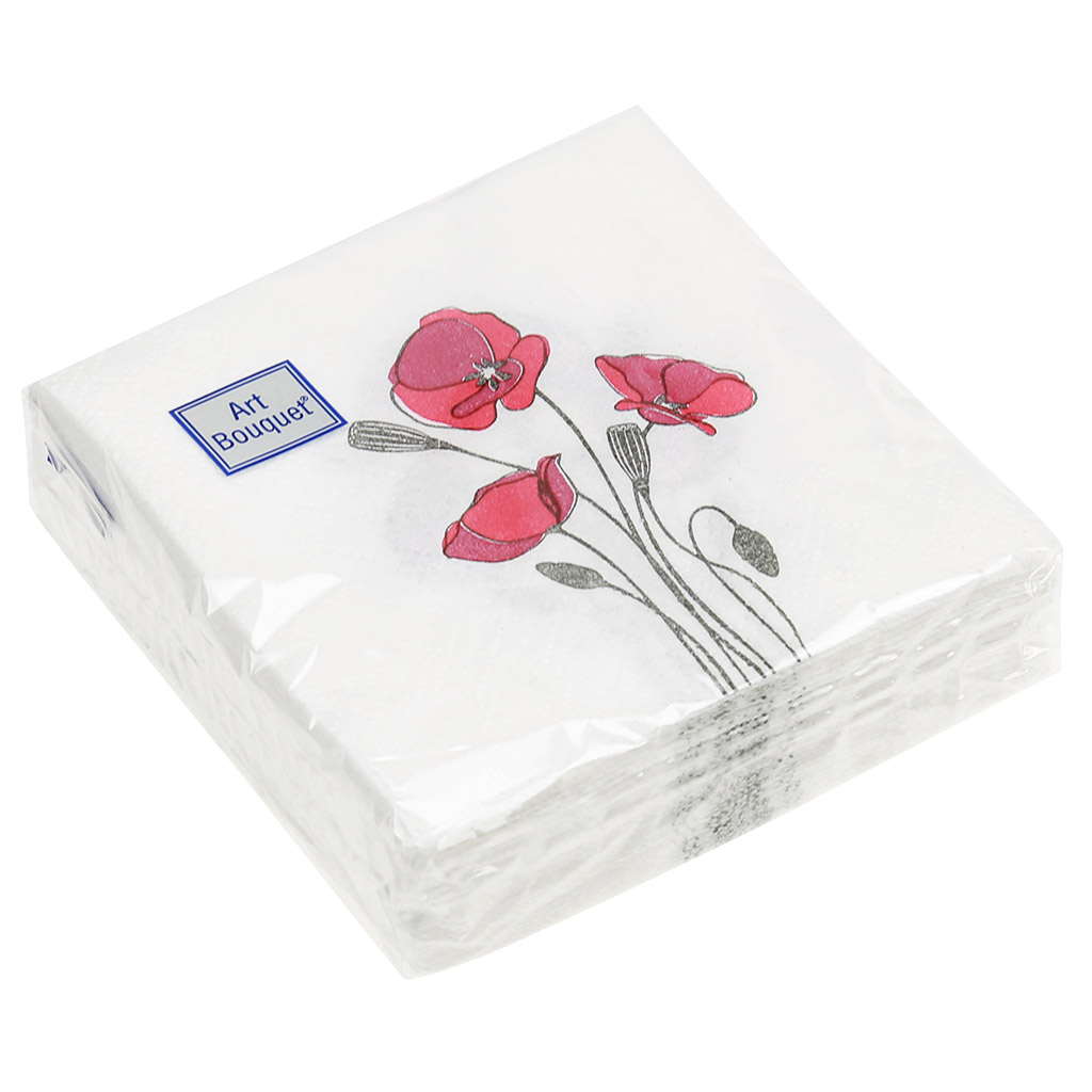Салфетки бумажные "Art Bouquet" 20х20см, 2-х слойные, 30 штук в упаковке, 100% целлюлоза, "Маки" (Россия)
