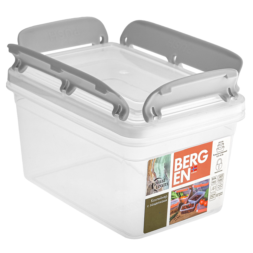 "Bergen" Контейнер для продуктов пластмассовый 1,3л, 17,9х12,6х10,2см, с защелками, пепельный жемчуг, подходит для СВЧ (Россия)