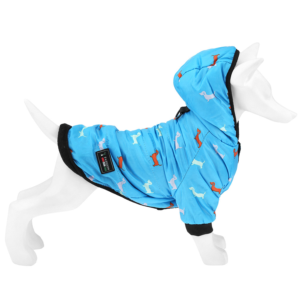"Пэт тойс (Pet toys)" Одежда для собаки "Куртка" с капюшоном, с метал. кольцом, с принтом, на кнопках, р-р S, длина спинки 18см/обхват груди 30см/обхват шеи 26см, цвет-голубой, плащевка/синтепон/флис (100% полиэстер) (Китай)