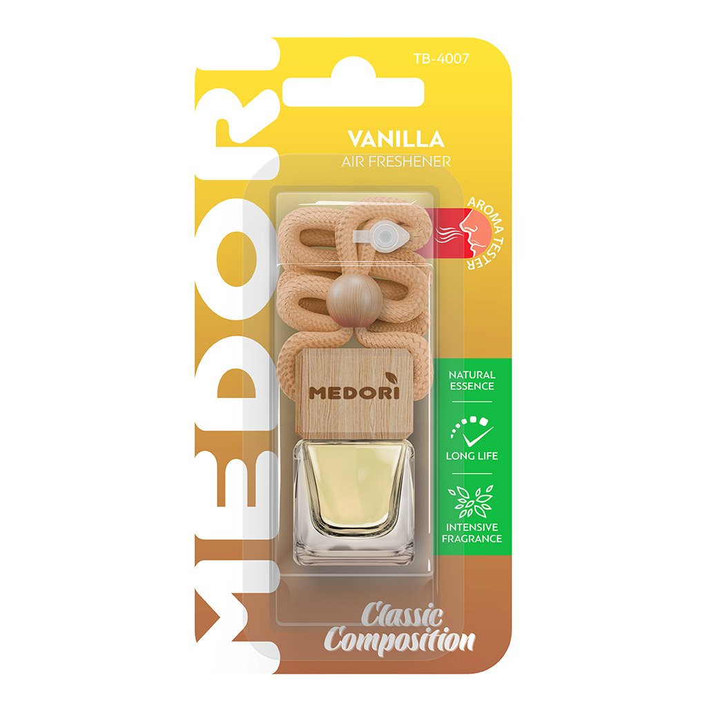 Ароматизатор автомобильный подвесной "Бутылочка" "Vanilla" 8х2,5х17,5см, на шнурке, с пробником аромата, в блистере, "Medori" (Россия)