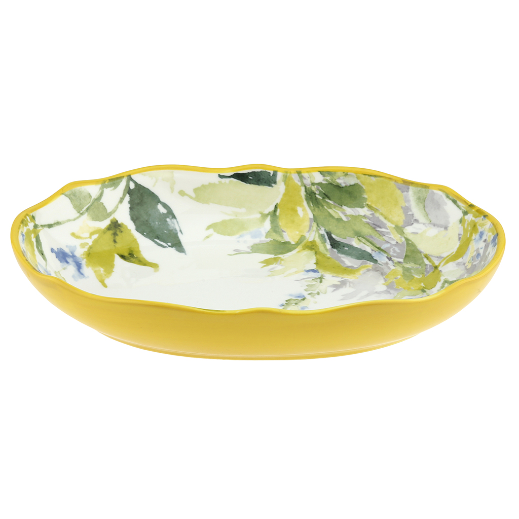 "Палитра весны" Блюдо фарфоровое 295х198х53мм, 1,2л, с деколью, волнистый край, отводка, желтый борт, белый (Китай)