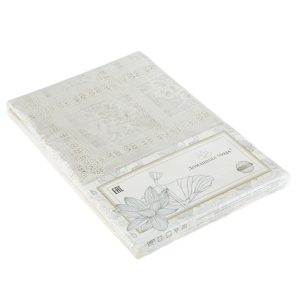 Скатерть ПВХ "Ришелье" 137х180см, длина стола до 120см, на 4 персоны, "LACE" гладкая, пленка сверху, квадраты, беж с перламутром, упак. "классическая" п/э 28х41см т.м. "Домашняя Мода" (Китай)