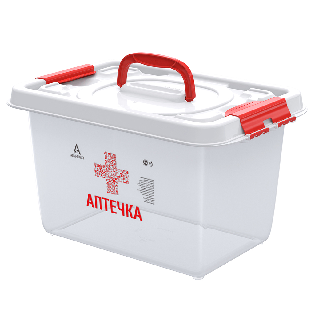 Контейнер-аптечка для хранения пластмассовый10л, 35,9х24,2х21,1см, ручки-клипса, полипропилен, прозрачный (Россия)