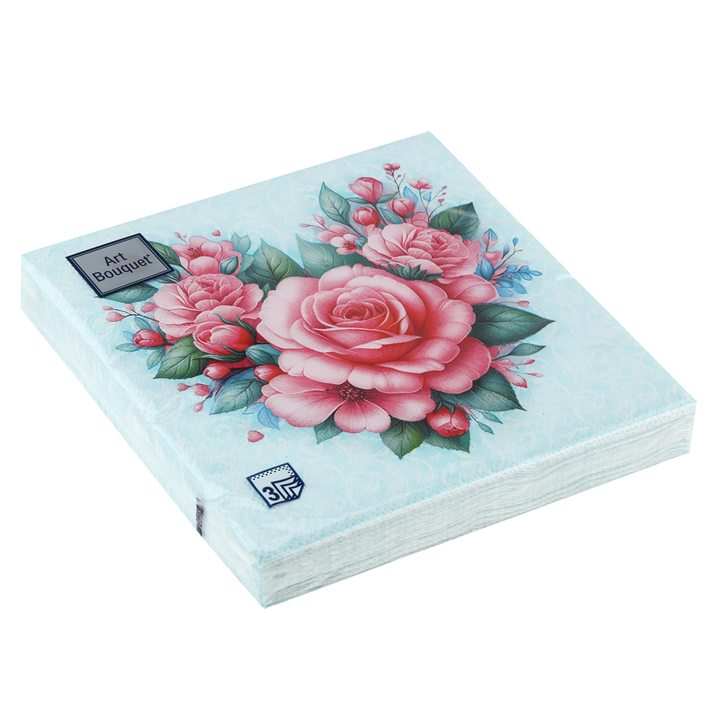 Салфетки бумажные "Art Bouquet" 33х33см, 3-х слойные, 20 штук в упаковке, 100% целлюлоза, "Сердце из роз" (Россия)
