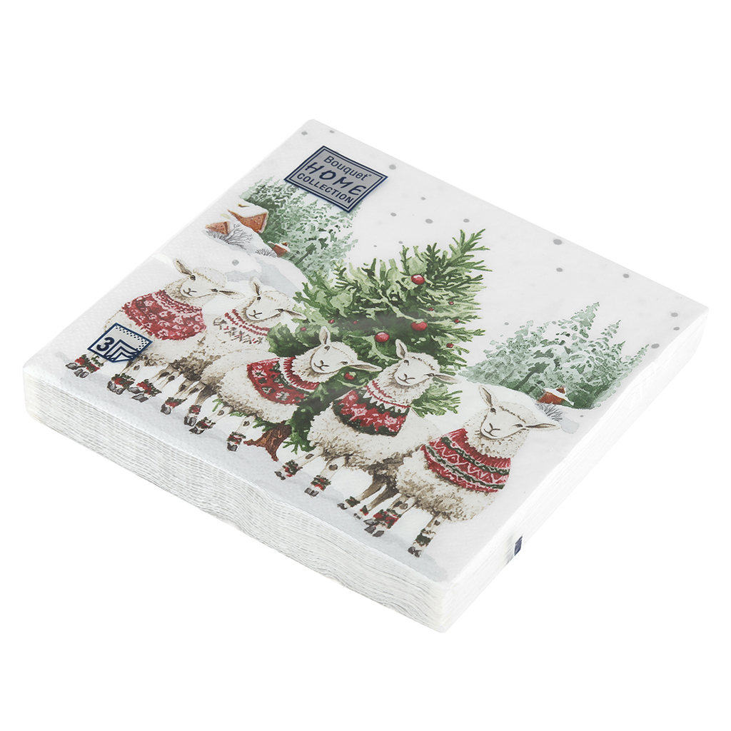 Салфетки бумажные "Bouquet Home Collection Classic" 33х33см, 3-х слойные, 20 штук в упаковке, 100% целлюлоза, "Овечки у елочки" (Россия)