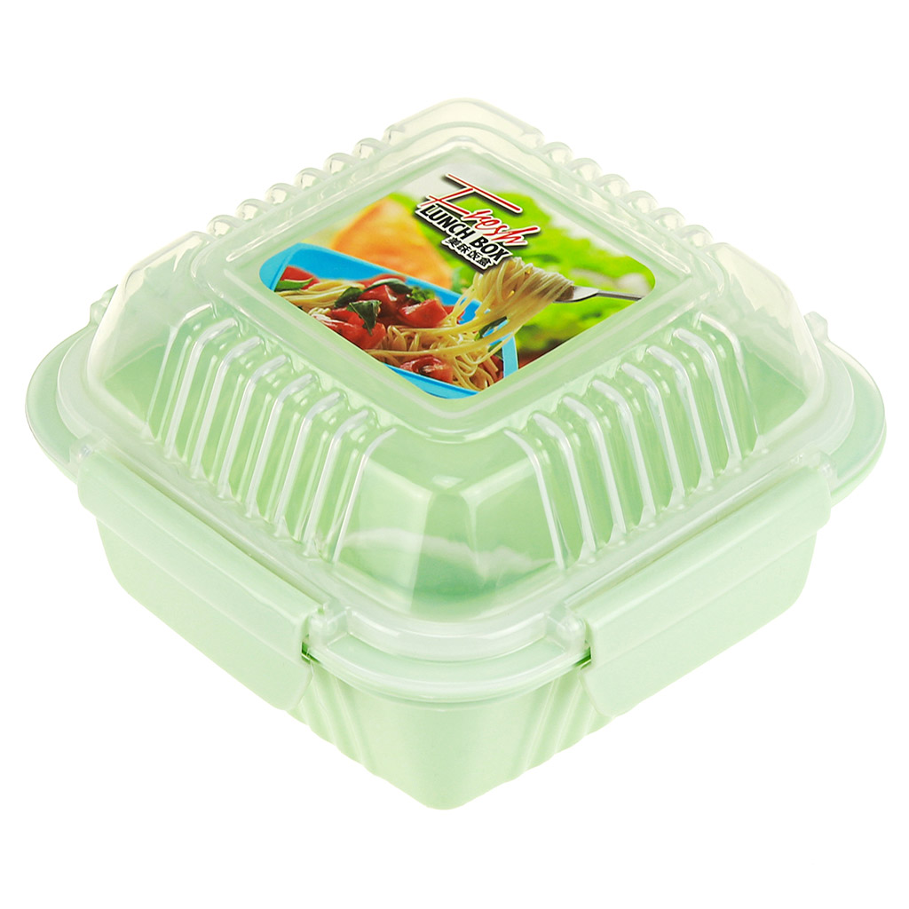 Ланч-бокс для продуктов пластмассовый "Фреш" 0,55л, 14х14см h8,5см, с ложкой 13см, крышка прозрачная, с клипсами, с уплотнителем, цвета в ассортименте: персиковый, голубой, зеленый (Китай)