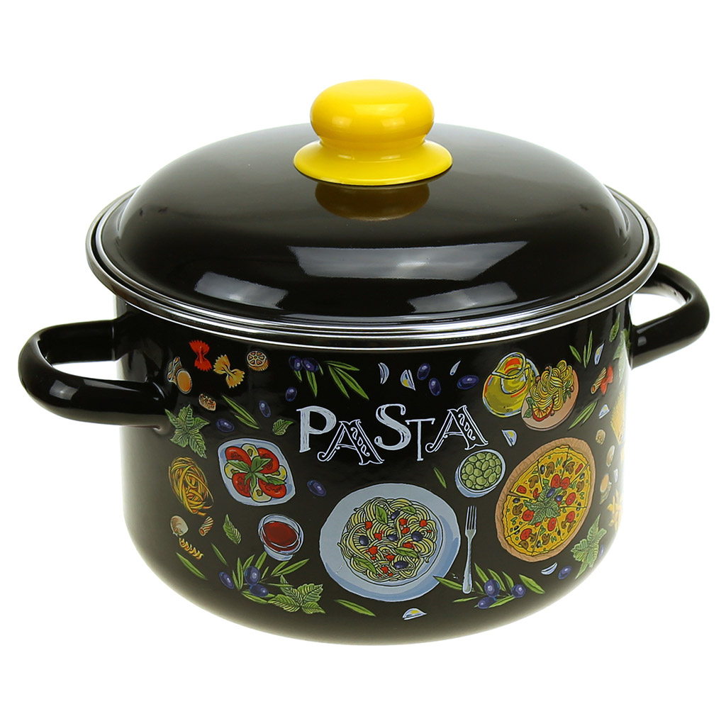 "Паста (Pasta)" Кастрюля эмалированная 5,5л, д24см, h15см, цилиндрическая форма, металлическая крышка, черный (Россия)