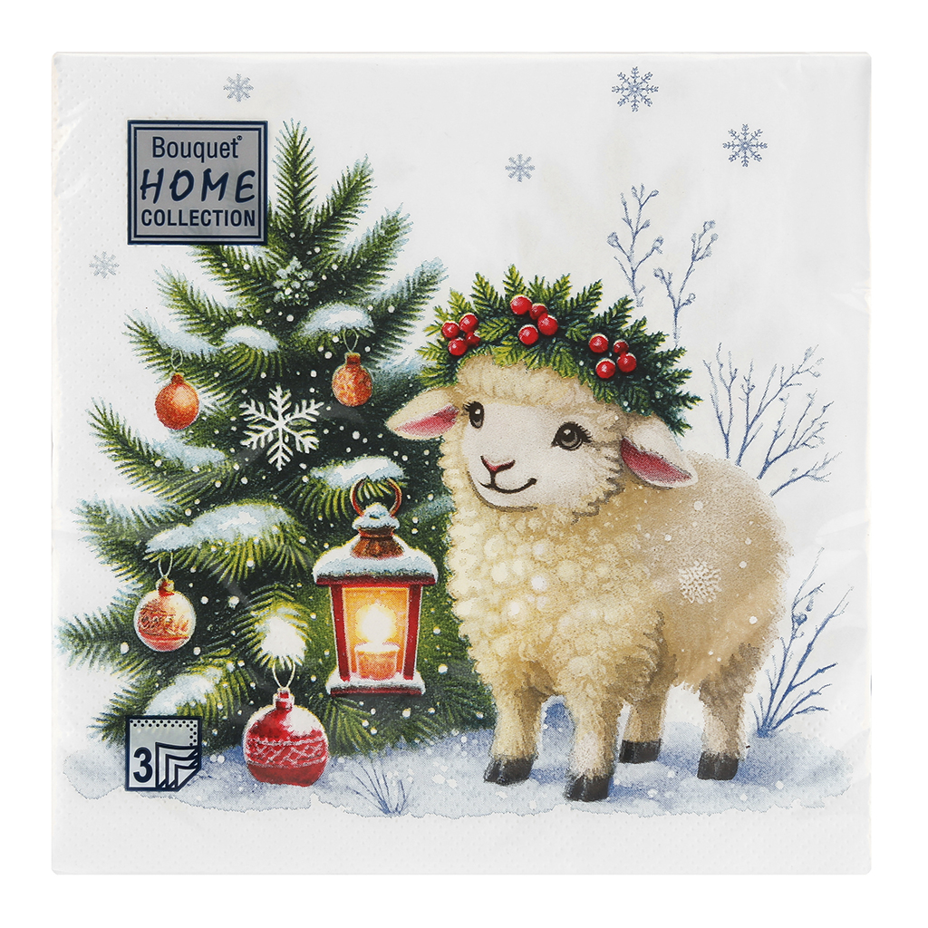 Салфетки бумажные "Bouquet Home Collection Classic" 33х33см, 3-х слойные, 20 штук в упаковке, 100% целлюлоза, "Овечка в новогоднем венке" (Россия)