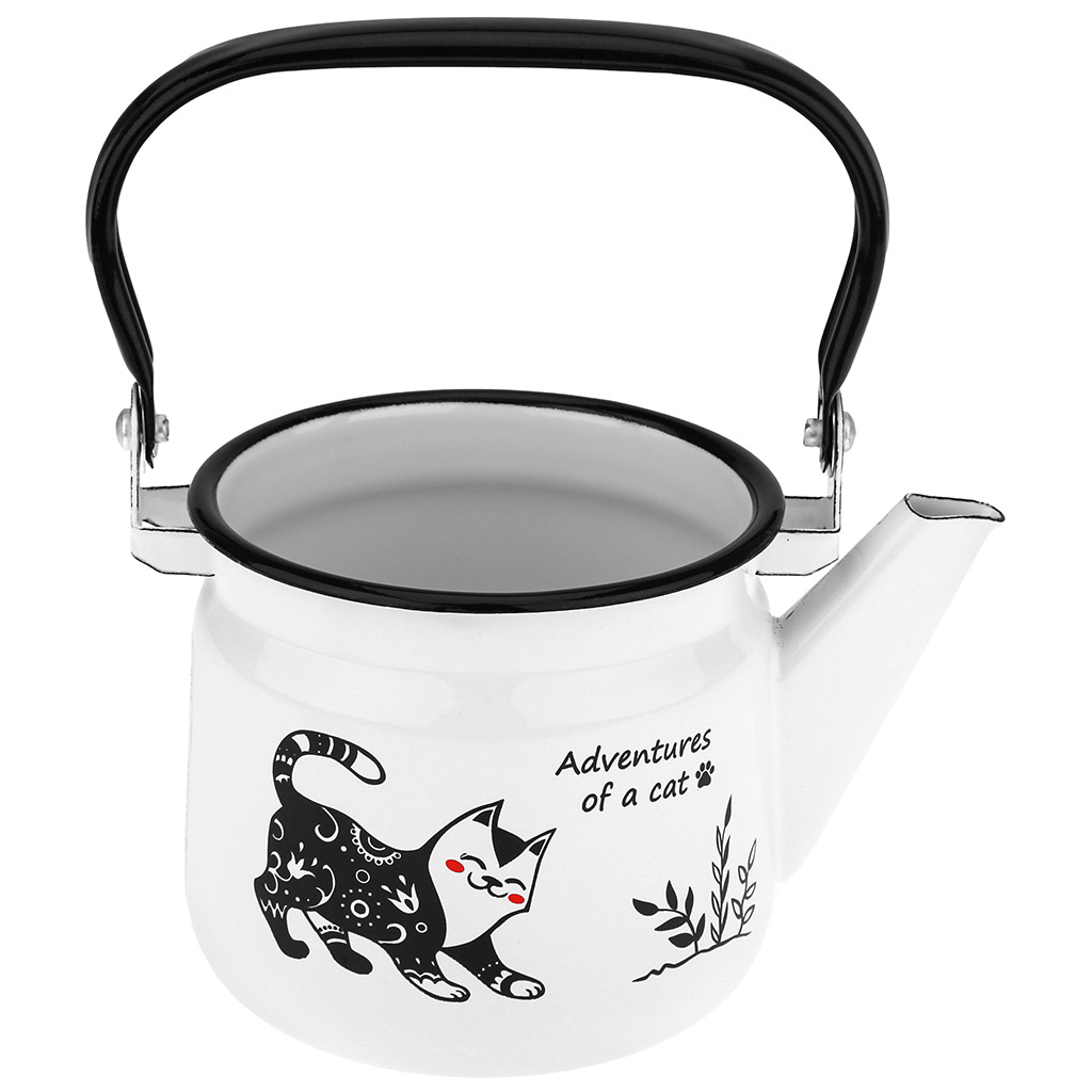 "Коты" Чайник эмалированный 1,0л д12см h11см, металлическая крышка, подвижная металлическая ручка, белый (Россия)