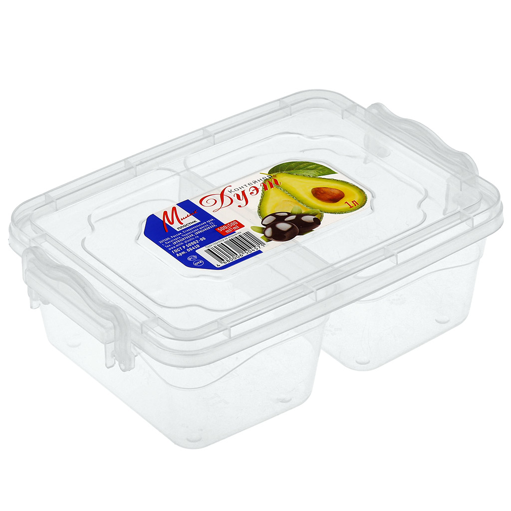 Контейнер для продуктов пластмассовый "Дуэт" 1л, 20,5х14х7см, 2 отделения, прозрачный (Россия)