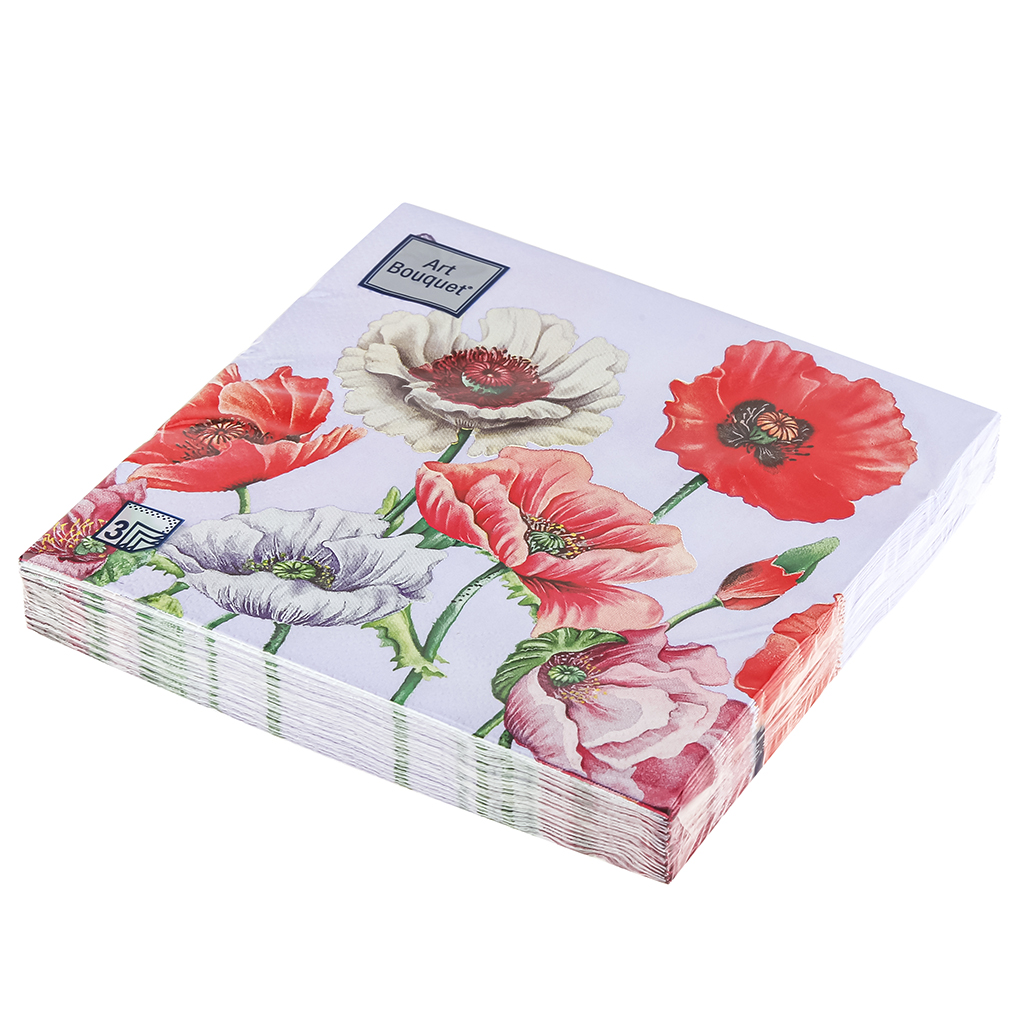 Салфетки бумажные "Art Bouquet" 33х33см, 3-х слойные, 20 штук в упаковке, 100% целлюлоза, "Поле маков" (Россия)