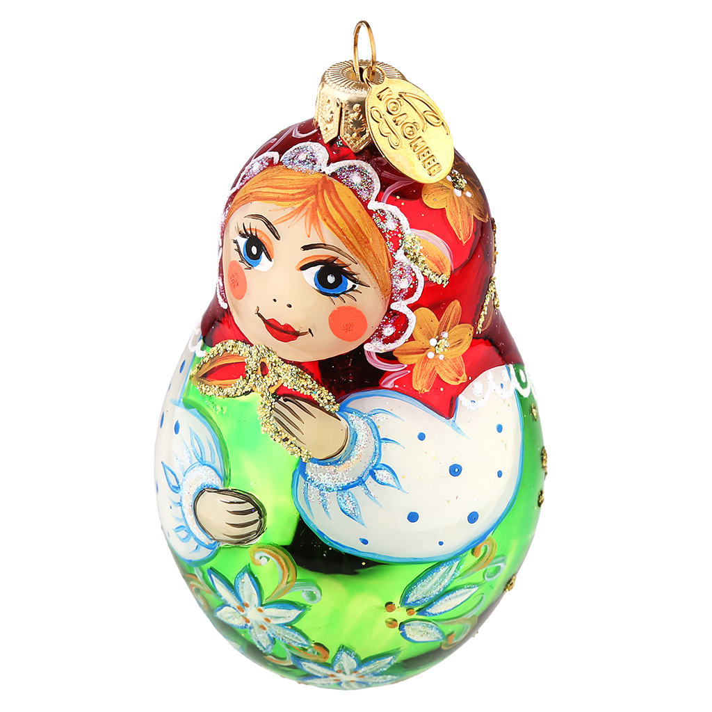 Елочная игрушка фигурка стеклянная "Расписная матрешка", h9,5см, ручная художественная роспись, подарочная упаковка (Россия)