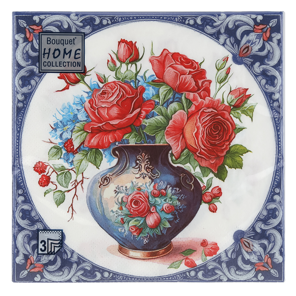 Салфетки бумажные "Bouquet Home Collection Classic" 33х33см, 3-х слойные, 20 штук в упаковке, 100% целлюлоза, "Ваза с розами" (Россия)