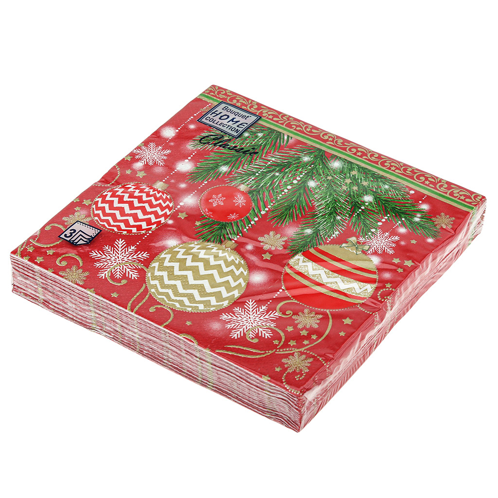 Салфетки бумажные "Bouquet Home Collection Classic" 33х33см, 3-х слойные, 20 штук в упаковке, 100% целлюлоза, "Елочные украшения" (Россия)