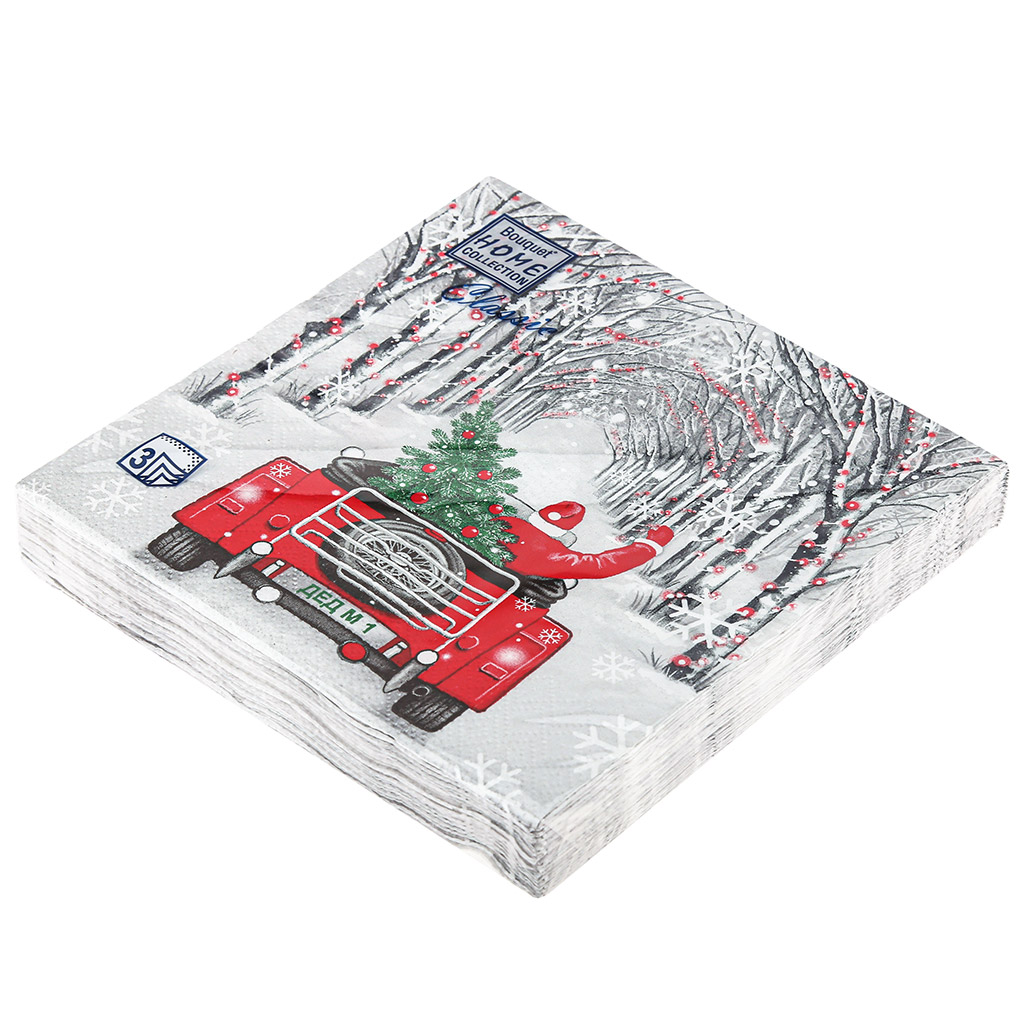 Салфетки бумажные "Bouquet Home Collection Classic" 33х33см, 3-х слойные, 20 штук в упаковке, 100% целлюлоза, "Дед Мороз в пути" (Россия)