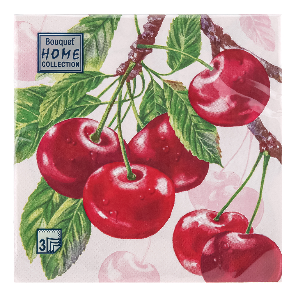 Салфетки бумажные "Bouquet Home Collection Classic" 33х33см, 3-х слойные, 20 штук в упаковке, 100% целлюлоза, "Вишня" (Россия)