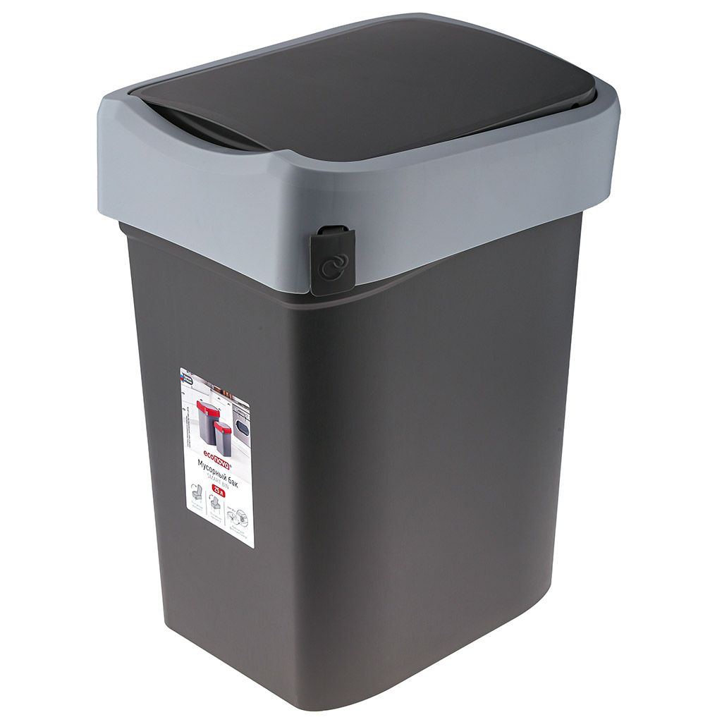Ведро для мусора с плавающей крышкой пластмассовое "Smart Bin" 25л, 33,3х26,9х45,7см, с креплением для мусорных пакетов, серый, Econova (Россия)