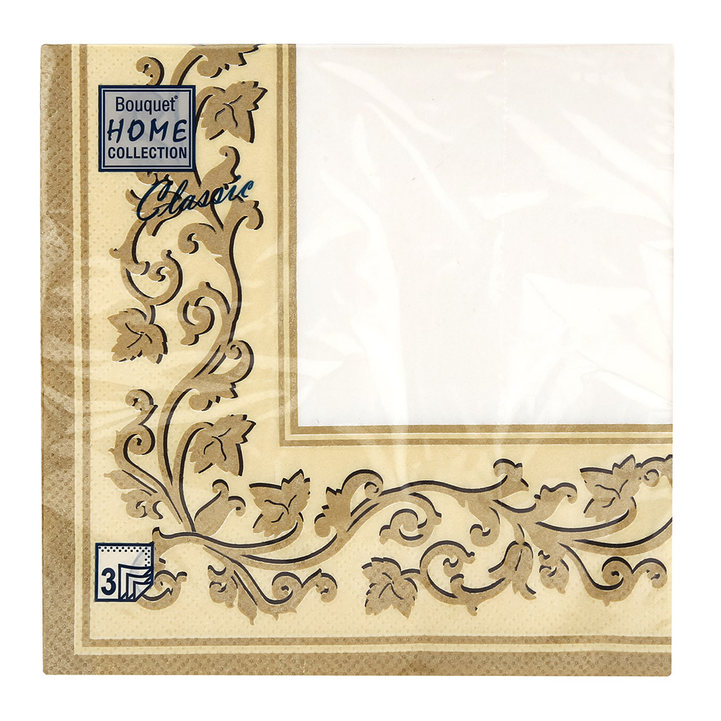 Салфетки бумажные "Bouquet Home Collection Classic" 33х33см, 3-х слойные, 20 штук в упаковке, 100% целлюлоза, "Золотые узоры бежевый фон" (Россия)