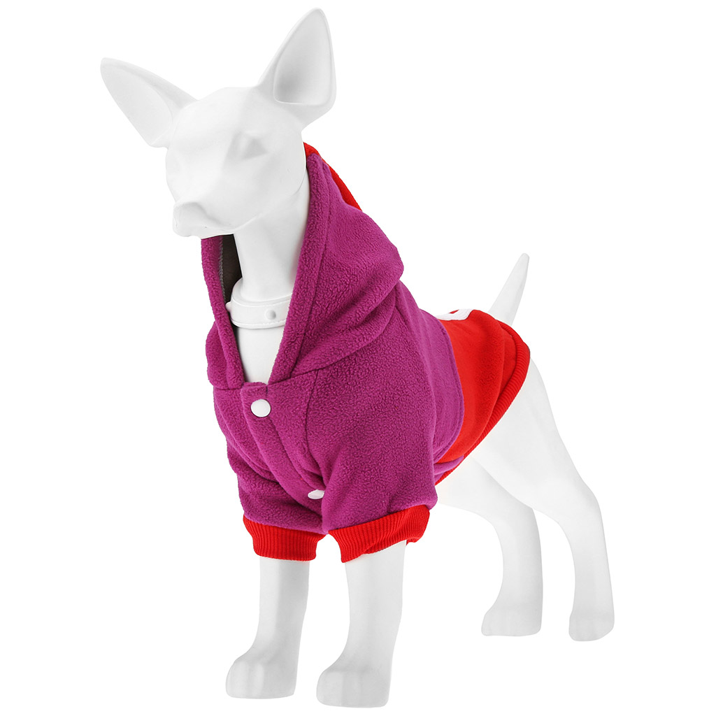 "Пэт тойс (Pet toys)" Одежда для собаки "Толстовка" "DOG" с капюшоном, с принтом, на кнопках р-р 2XL, длина спинки 40см/обхват груди 50см/обхват шеи 38см, цвет-сиренево-красный, флис (Китай)