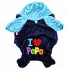 6070 - "Пэт тойс (Pet toys)" Одежда для собаки "Комбинезон" "I ♥ Mama/Papa" с капюшоном, с принтом, на кнопках, р-р S 28-32см, длина спинки 22см/обхват груди 34см/обхват шеи 28см, цвет-синий с голубым, плюш (100% полиэстер) (Китай)
