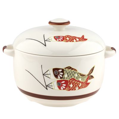 Супница фарфоровая "Улов" 2,1л, д18,5см, h11,5см, общая h16см, с крышкой, 2 ручки, с деколью, молочный, в коробке (Китай)