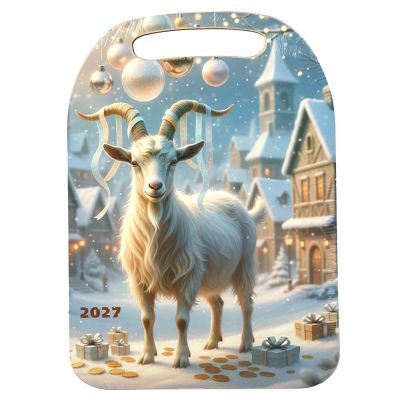 Доска разделочная деревянная "Новый год 2027. Белая коза" 29х21х0,6см, "Символ 2027 года" (Россия)