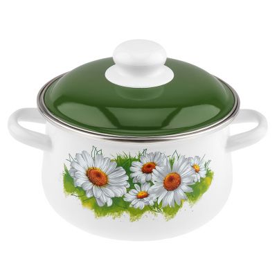 "Ромашки лето" Кастрюля эмалированная 2л, д17см, h12,5см, коническая форма, металлическая крышка, ободок из нержавеющей стали, белый (Россия)