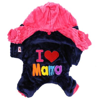 "Пэт тойс (Pet toys)" Одежда для собаки "Комбинезон" "I ♥ Mama/Papa" с капюшоном, с принтом, на кнопках, р-р XL 43-45см, длина спинки 34см/обхват груди 48см/обхват шеи 34см, цвет-синий с розовым, плюш (100% полиэстер) (Китай)